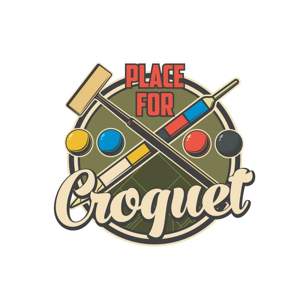 Croquet retro icon with mallet, peg and balls vector