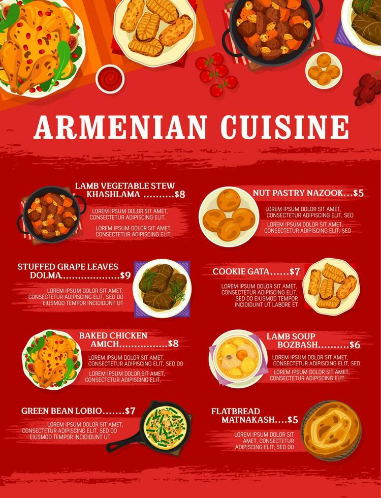 Armenian cuisine restaurant menu page design vector