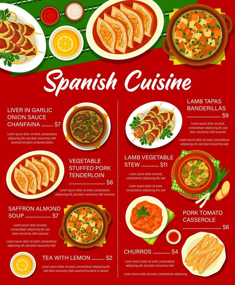 Español cocina comida menú, almuerzo y cena vector