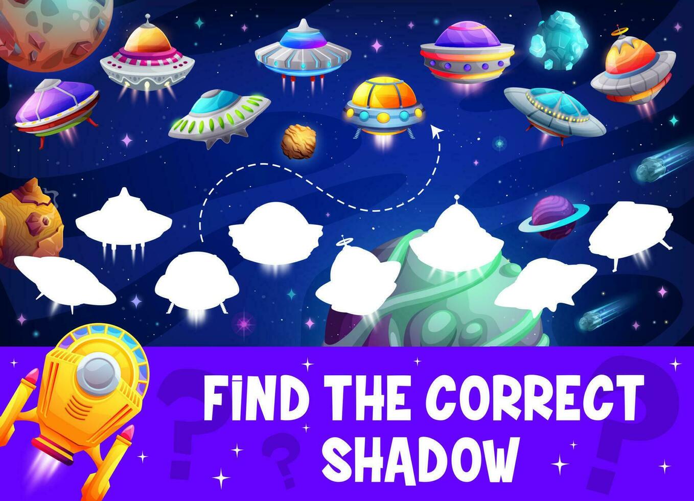 Find the correct shadow of ufo alien starship game vector