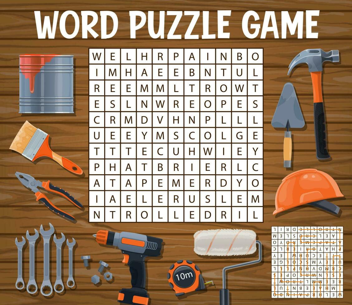 Builder tools word search puzzle game worksheet vector