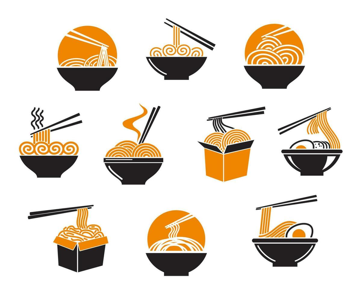 Asian ramen bowl and noodle box soup, chopsticks vector