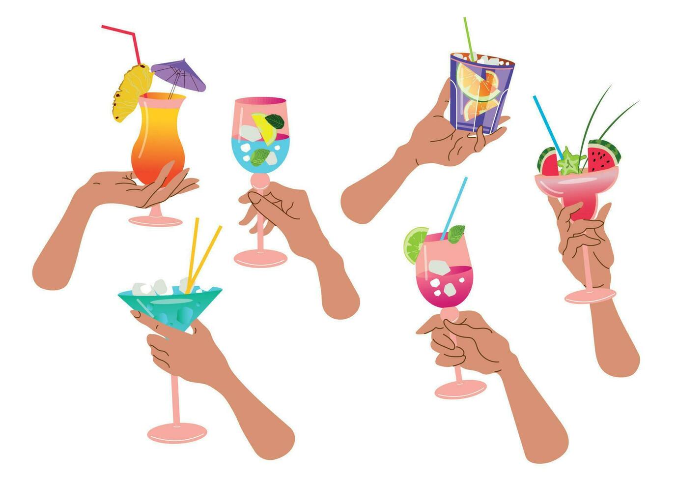 Hand holds a glass with a refreshing drink. Set of different glasses with summer trendy cocktails. Summer aperitif, alcoholic drink. Vector illustration isolated on white background.