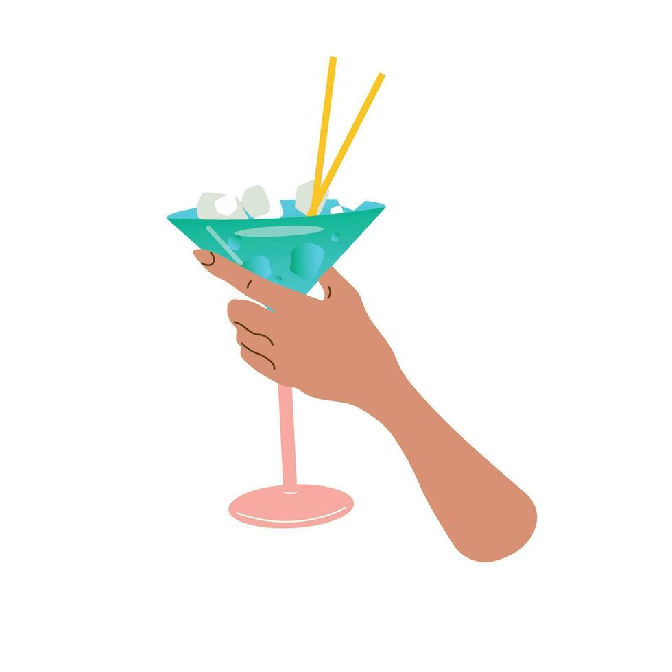 Hand holds a glass with a refreshing summer cocktail. Summer aperitif, alcoholic drink. Vector illustration isolated on white background.