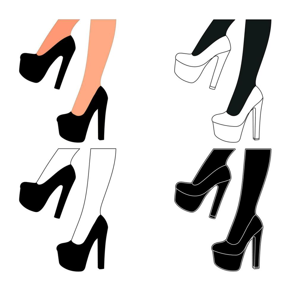 Silhouette outline of female legs in a pose. Shoes stilettos, high heels. Walking, standing, running, jumping, dance vector