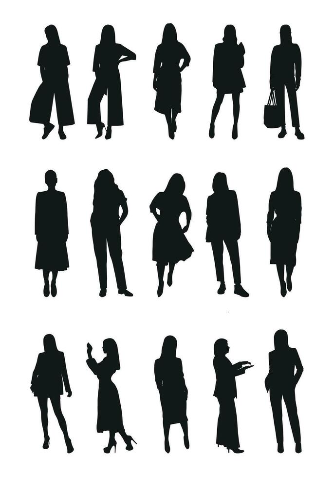 vector femenino siluetas de mujer, mujer, femenino, doncella, muchacha, señoras, chicas. negocio mujer, emprendedor, ejecutivo, fashionista, maestro, audiencia, estudiantes, novias