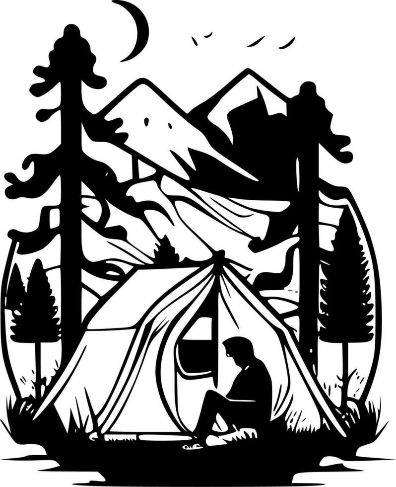 Camping, Black and White Vector illustration