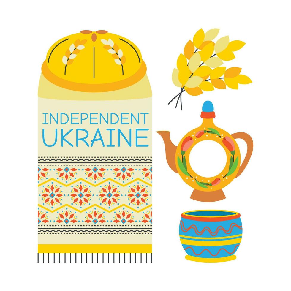Ukrainian palyanitsa, towel, jug, wheat, text independent Ukraine. vector