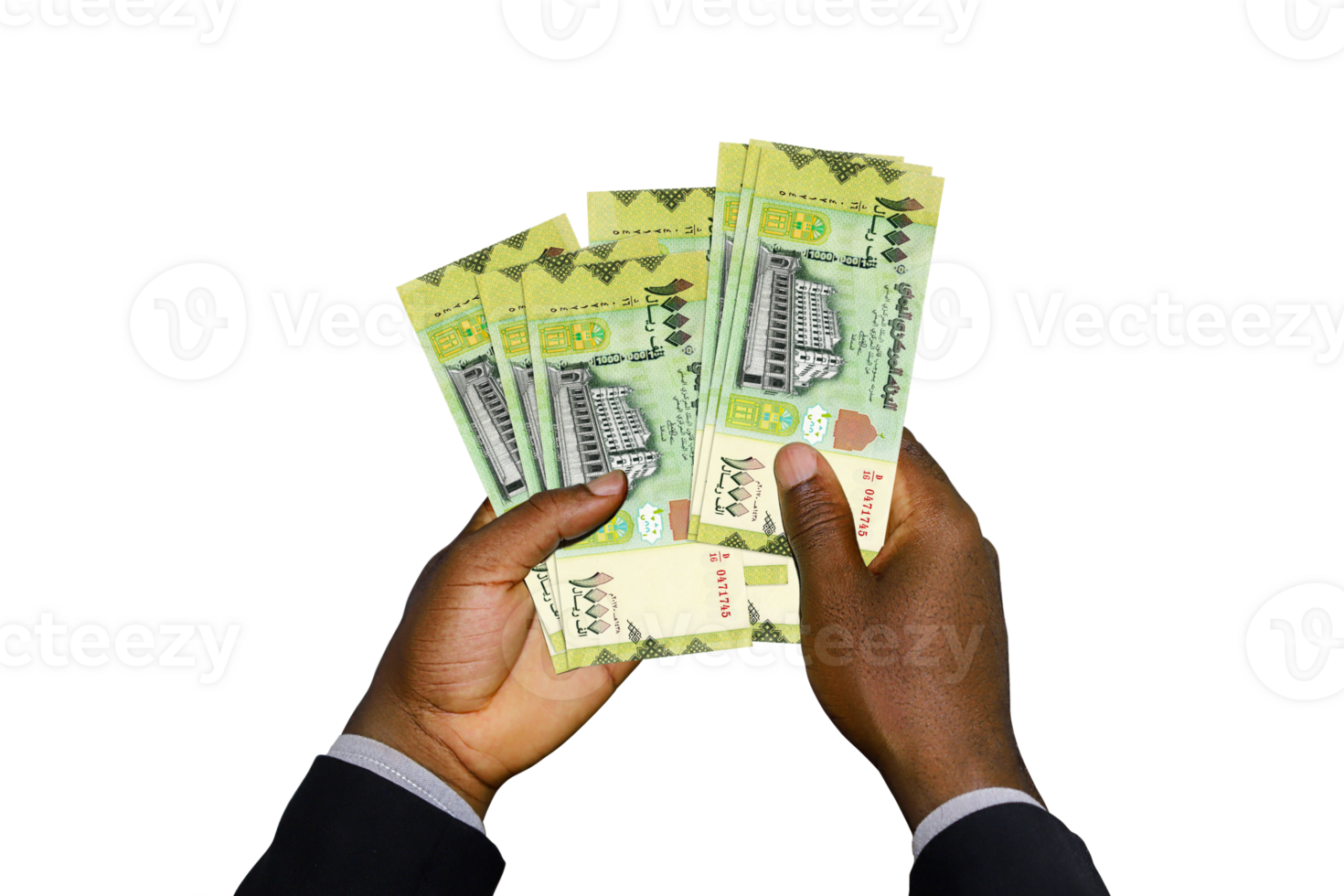 Black Hands in suit holding 3D rendered  Yemeni Rialnotes png