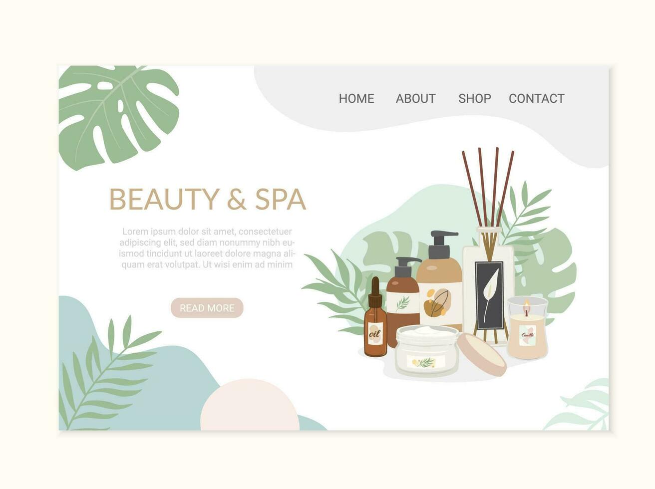 Natural beauty products decorated with tropical leaves website template. Concept of simple skincare, bodycare, beauty and spa vector illustration, ad banner.