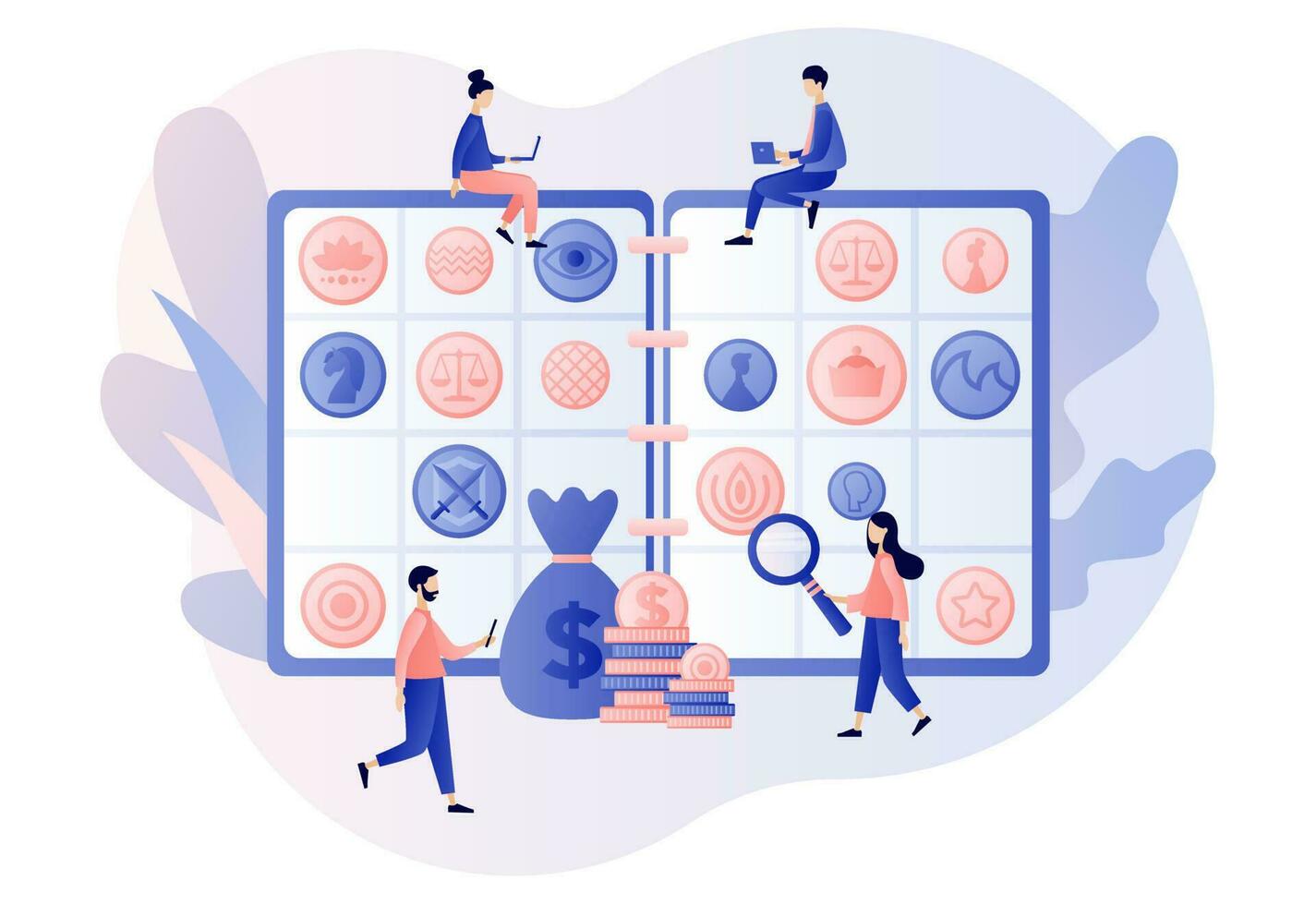 Numismatics. Big album for old rare collectible coins. Tiny people numismatists collect, selling or buying ancient coins. Hobby or profession. Modern flat cartoon style. Vector illustration