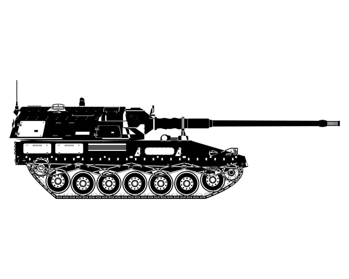 Self-propelled howitzer outline. German 155 mm Panzerhaubitze 2000. Military armored vehicle. Vector illustration isolated on white background.