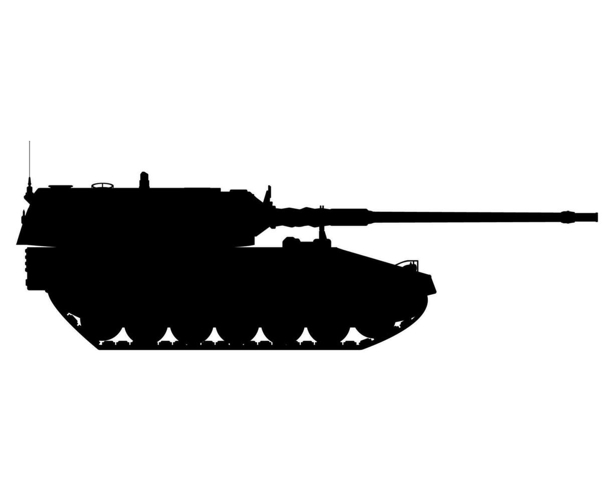 Self-propelled howitzer silhouette. German 155 mm Panzerhaubitze 2000. Military armored vehicle. Vector illustration isolated on white background.