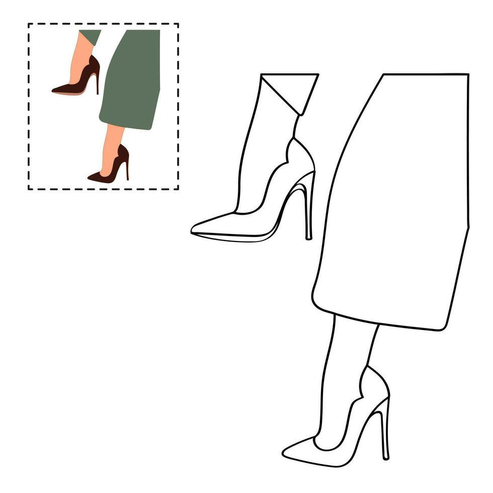 Children's coloring book for girls. Female legs in a pose. Shoes stilettos, high heels vector