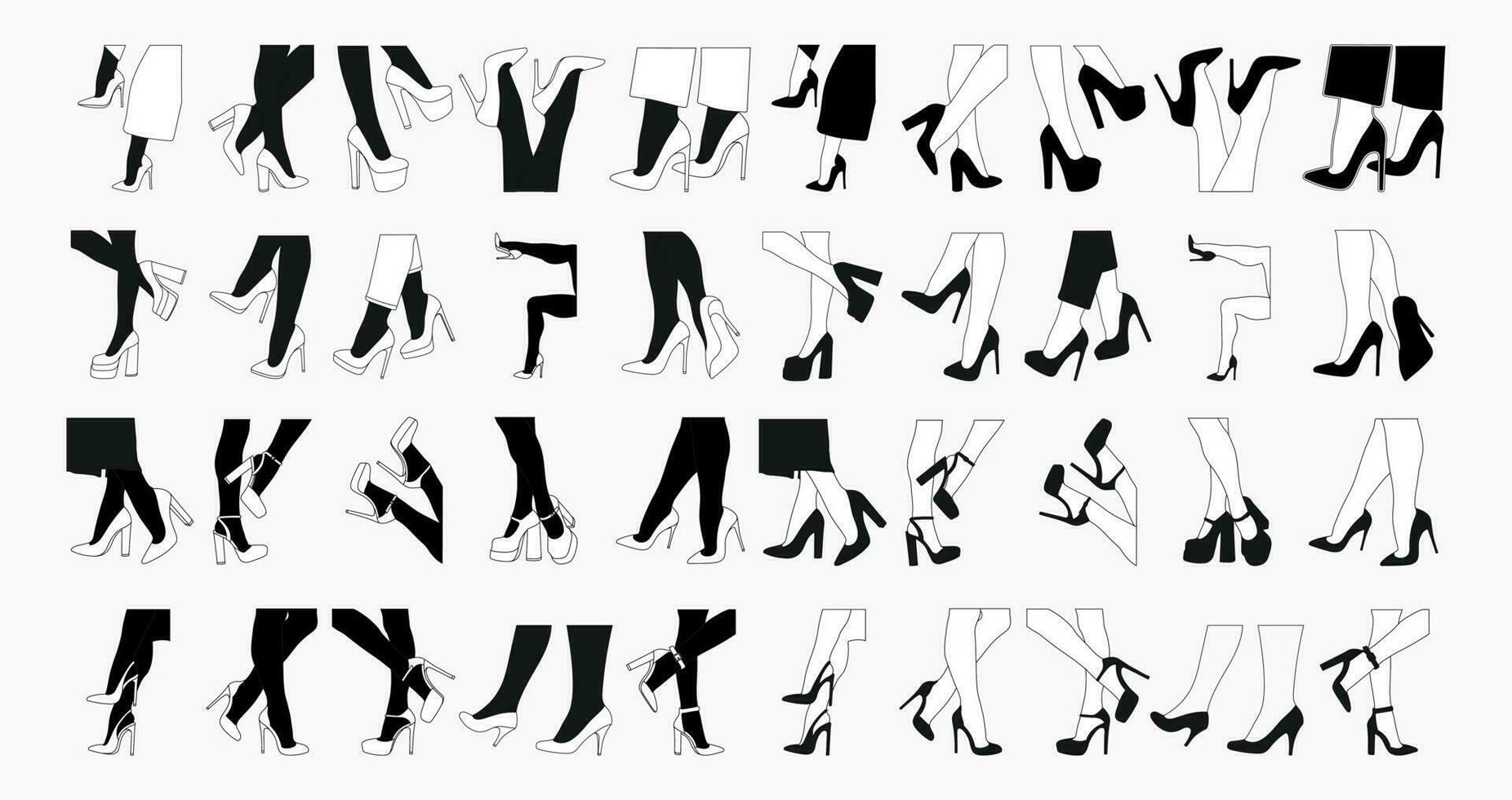 Big set 40 silhouettes outline of female legs. Shoes stilettos, high heels. Walking, standing, running, jumping, dance vector