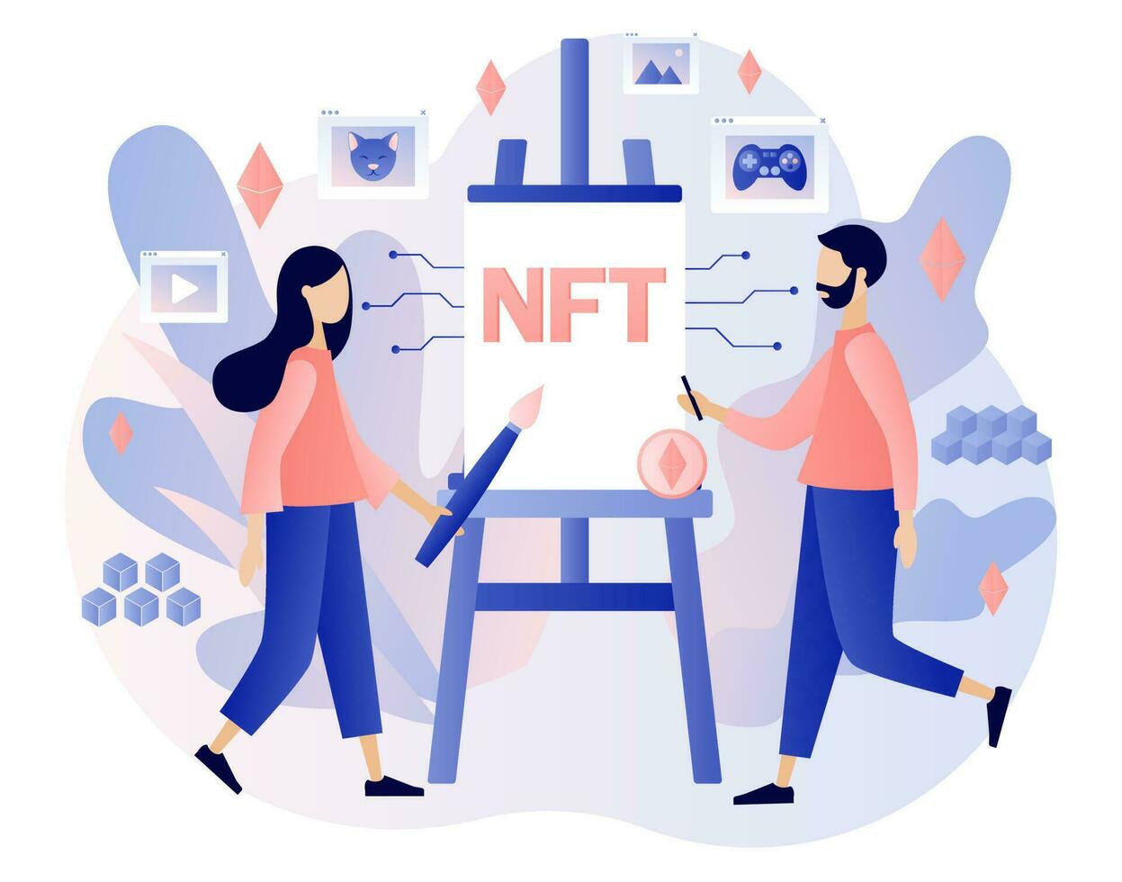 ntf. no fungible simbólico. minúsculo personas crear cripto Arte. pintura en caballete. en línea galería nft Arte. inversión. Internet mercado y cadena de bloques. moderno plano dibujos animados estilo. vector ilustración