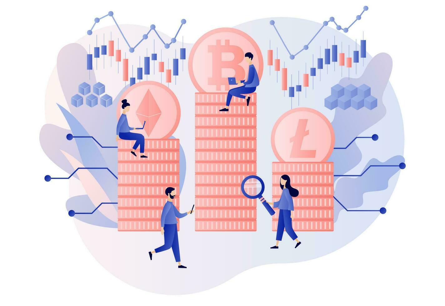 Rating Crypto currency. Bitcoin, altcoin. Digital web money. Blockchain. Fintech industry. Business, finance. Tiny people trading and investing. Modern flat cartoon style. Vector illustration