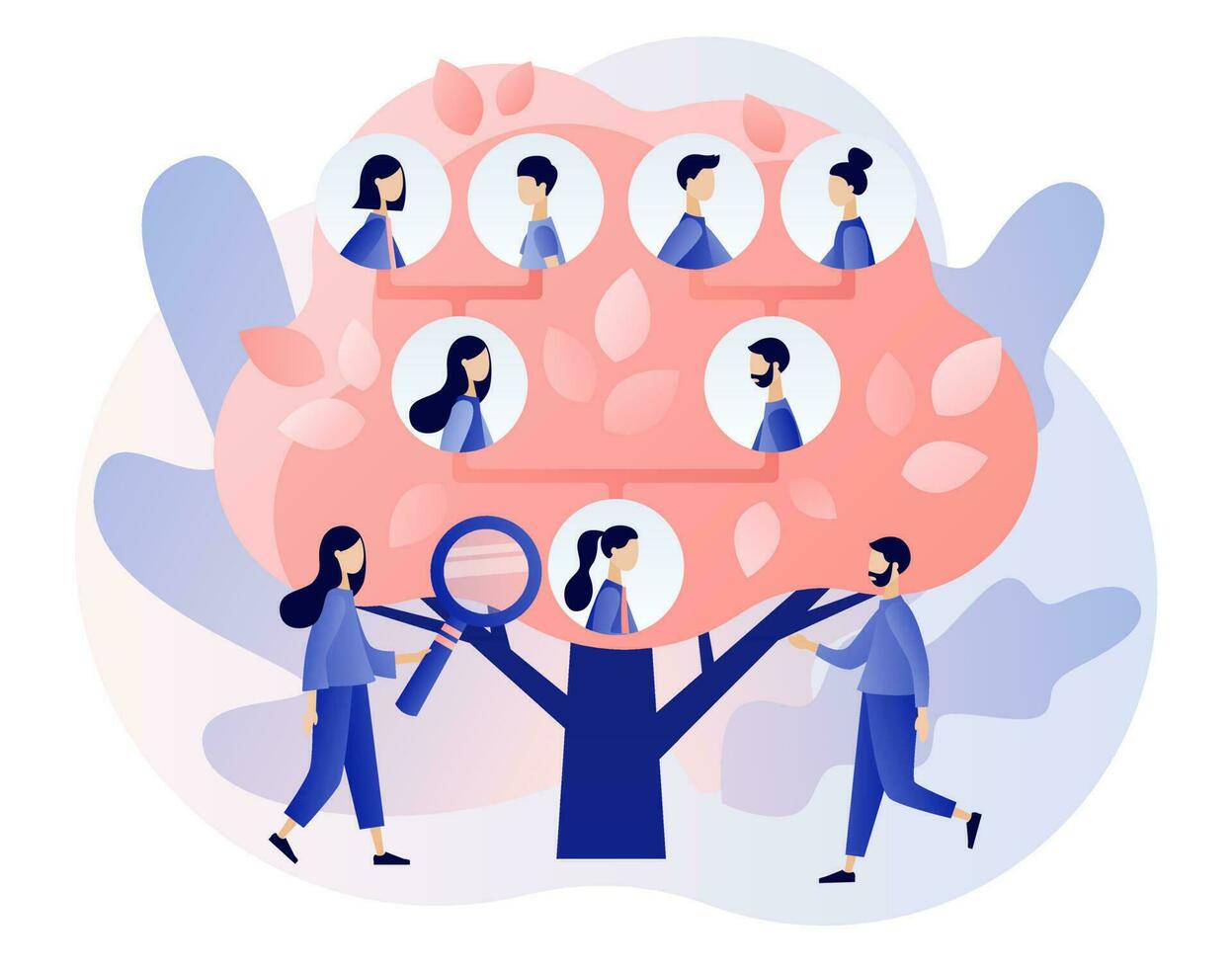 Family tree. Genealogy. Tiny people grandparents, parents, children. Pedigree. Example of relatives connection data. Modern flat cartoon style. Vector illustration on white background