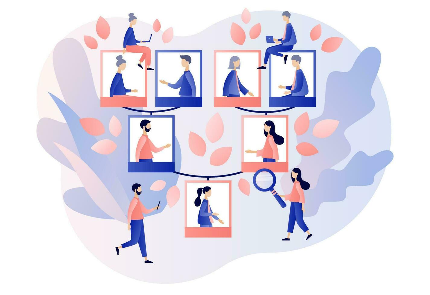 Family tree. Genealogy. Photo tiny people grandparents, parents, children. Pedigree. Example of relatives connection data. Modern flat cartoon style. Vector illustration on white background