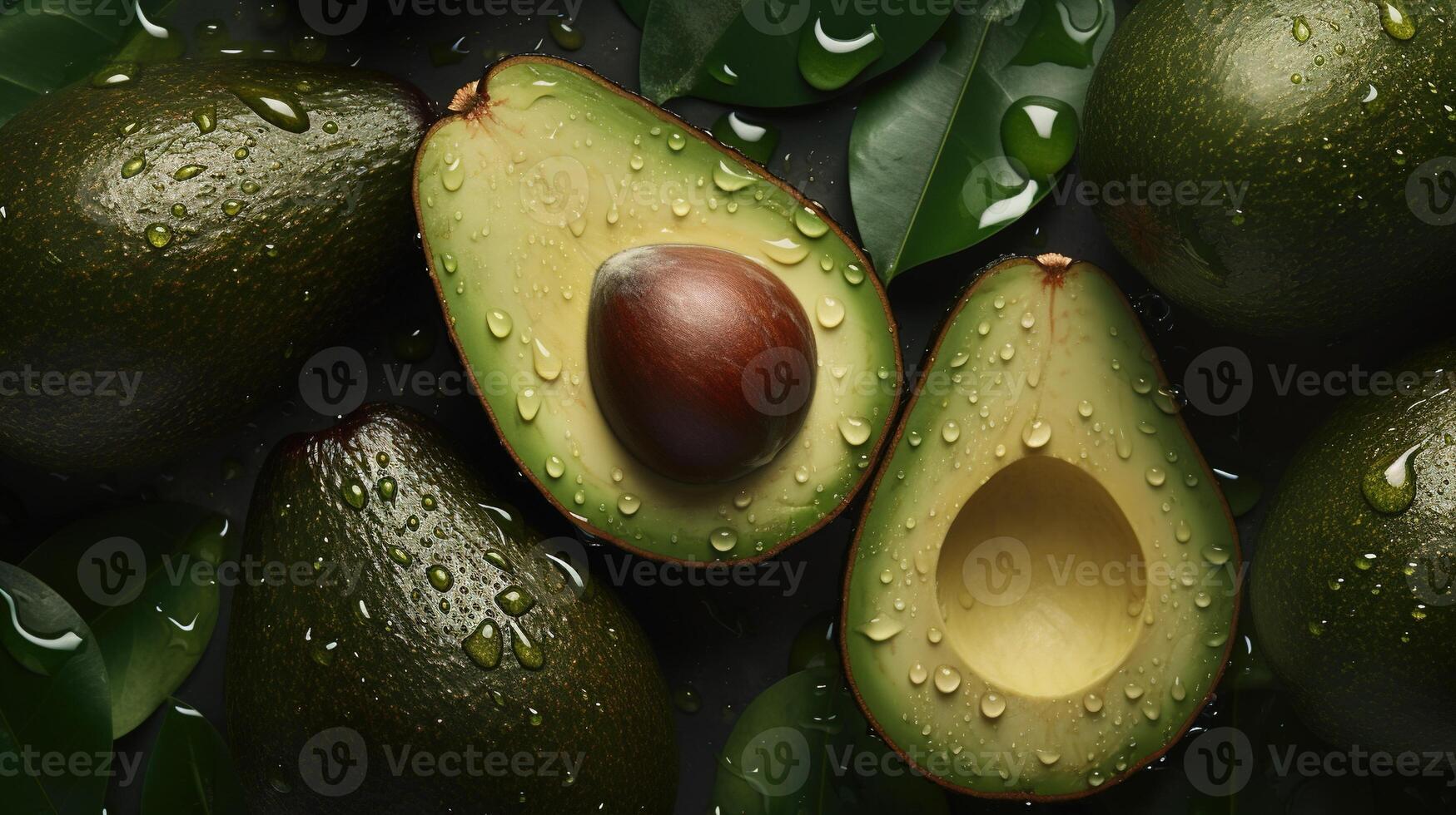 , Macro Fresh Juicy half and whole of green avocado fruit background as pattern. Closeup photo with drops of water