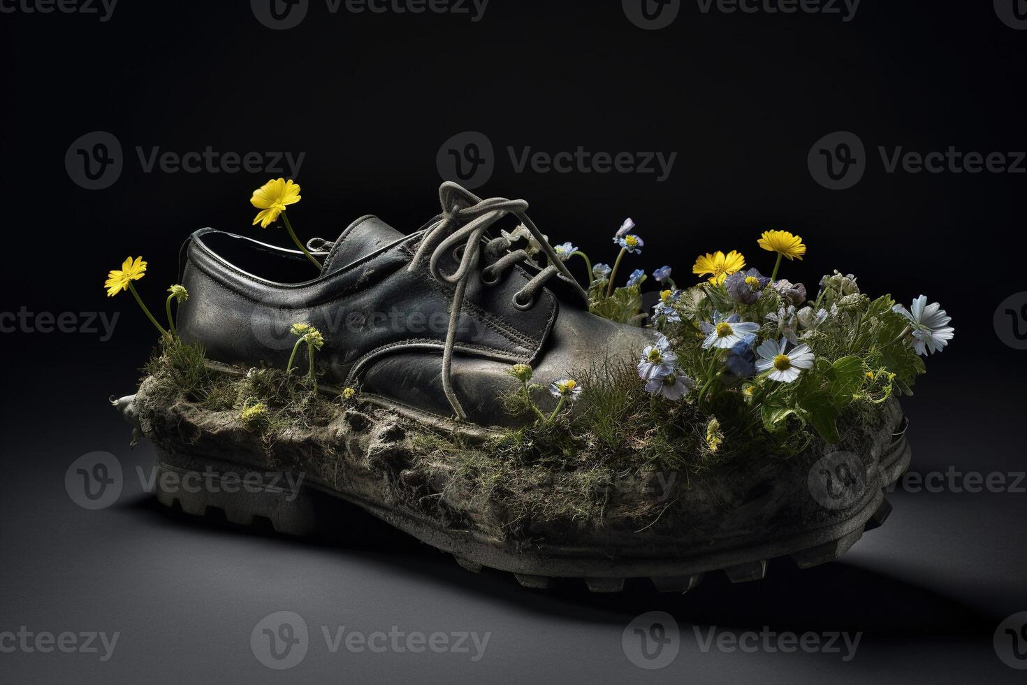 , Old boot with meadow spring flowers, handmade shoe planter. Environmental activism concept photo