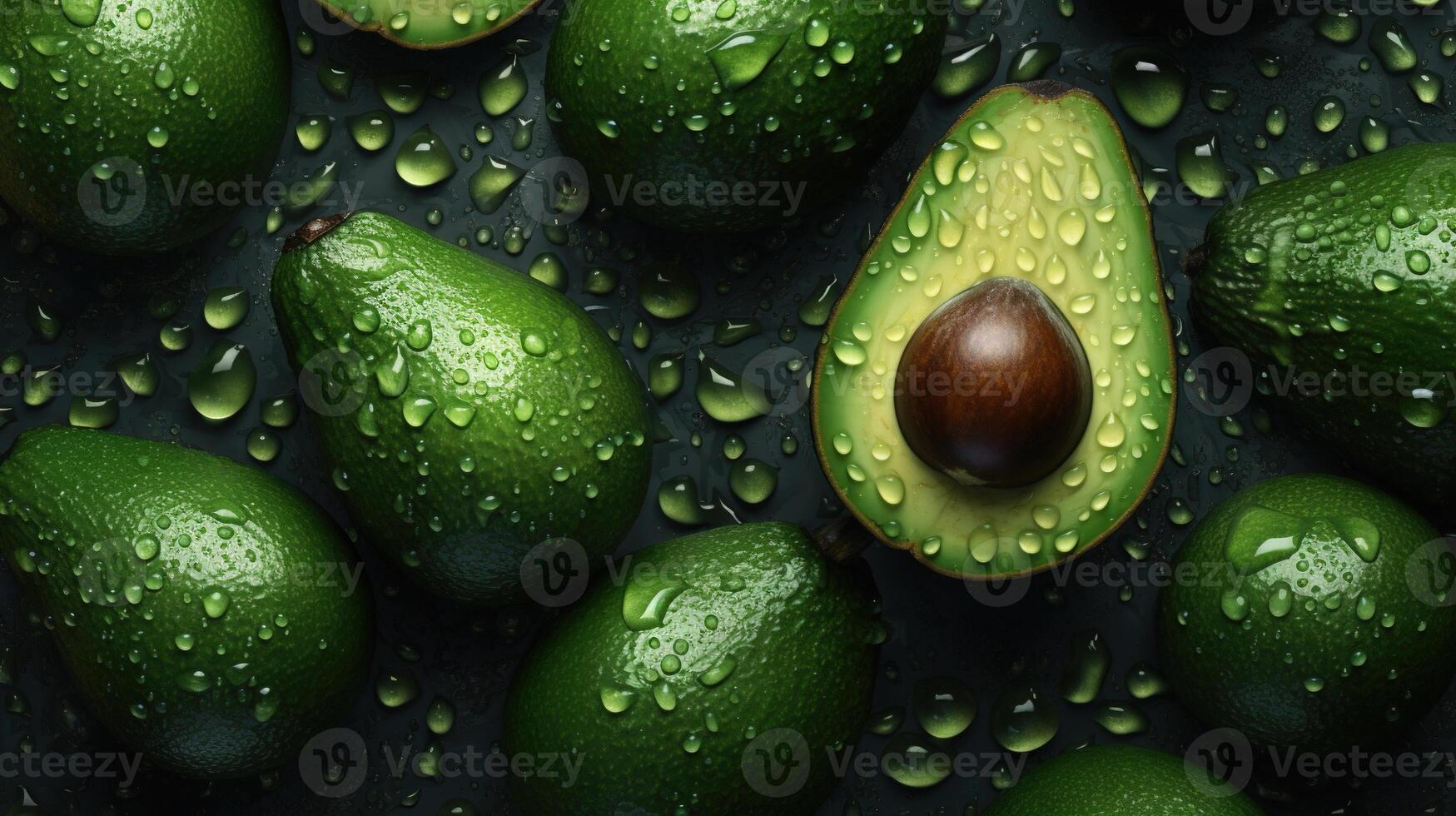 , Macro Fresh Juicy half and whole of green avocado fruit background as pattern. Closeup photo with drops of water