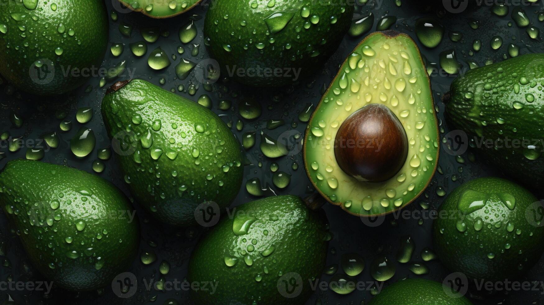 generativo ai, macro Fresco jugoso medio y todo de verde aguacate Fruta antecedentes como modelo. de cerca foto con gotas de agua