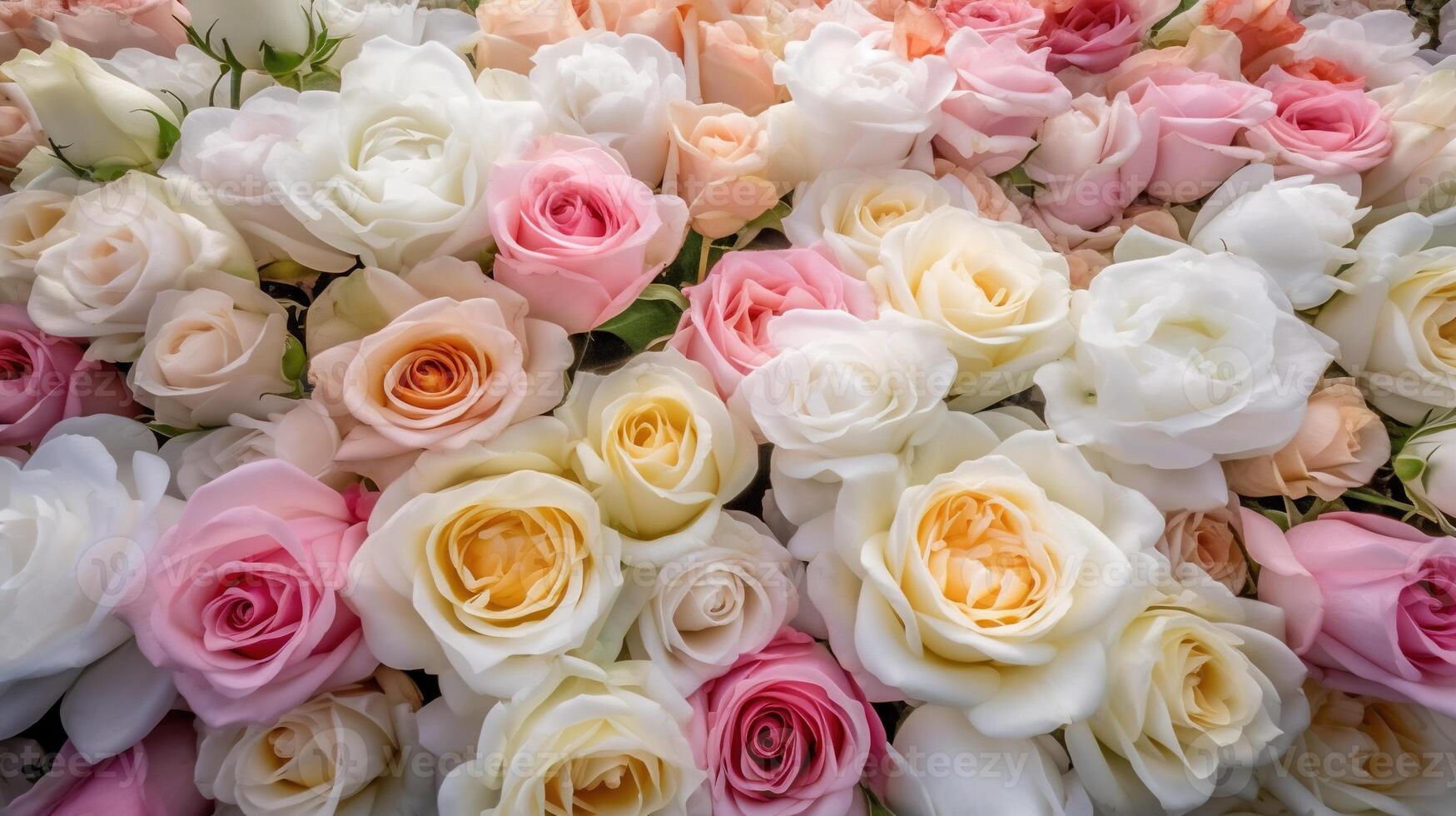 , flowers wall background with white and light pink fresh roses, pastel and soft bouquet floral card photo