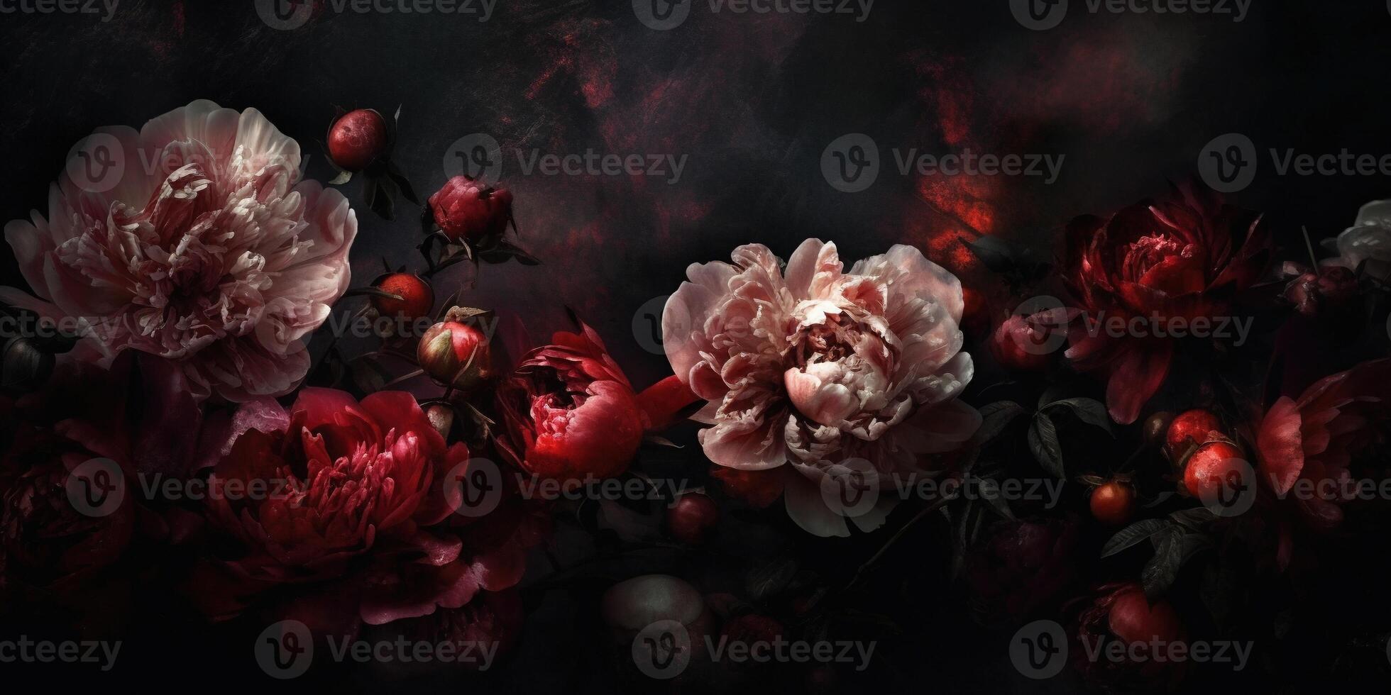 , Close up of blooming flowerbeds of amazing red color flowers on dark moody floral textured background. Photorealistic effect.. photo