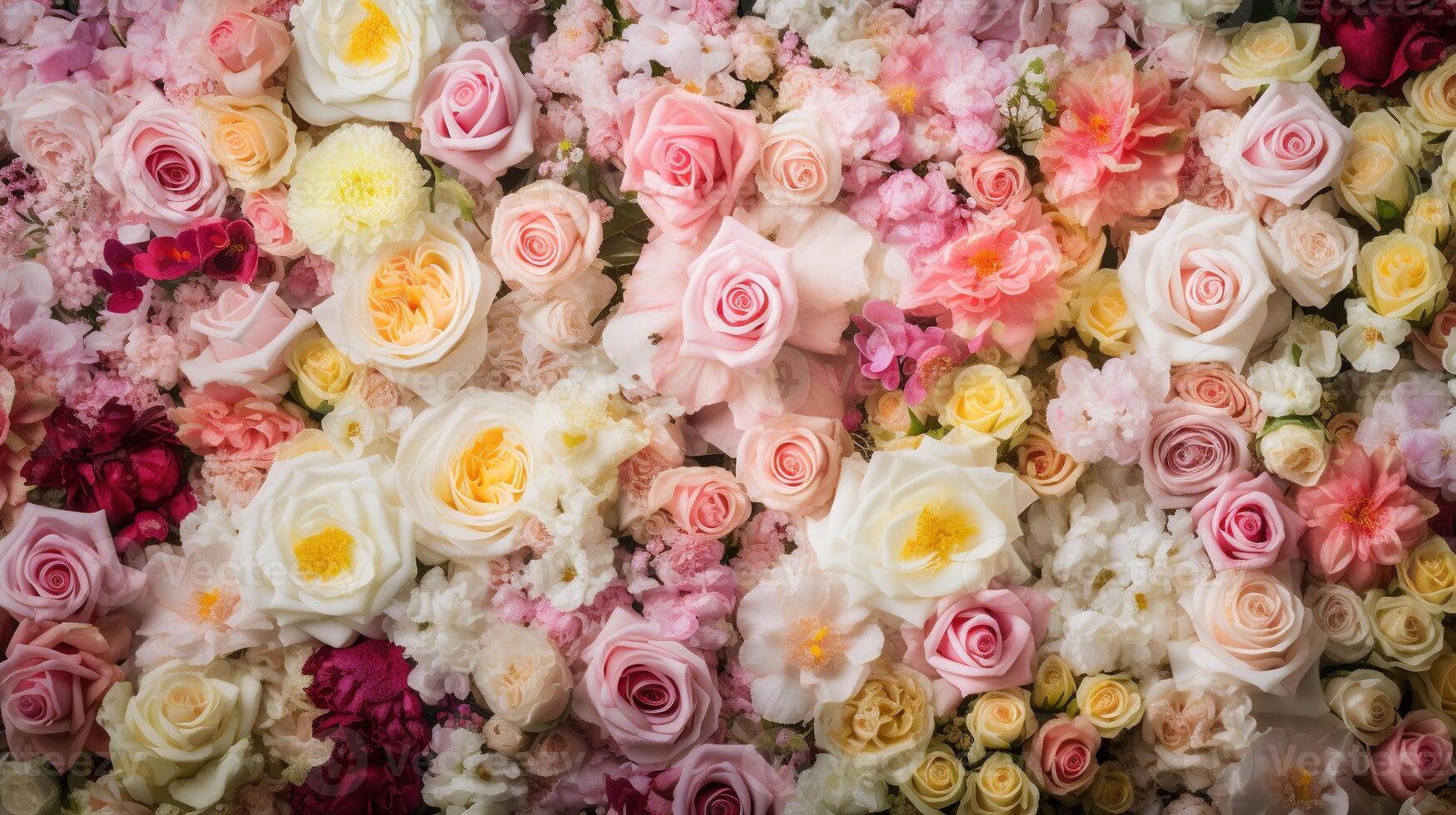 , flowers wall background with white and light pink fresh roses, pastel and soft bouquet floral card photo