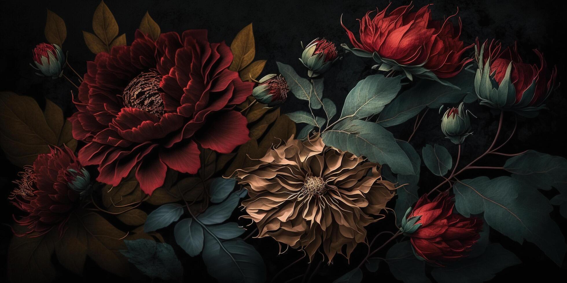 generativo ai, cerca arriba de floreciente Camas de flores de increíble rojo color flores en oscuro temperamental floral texturizado antecedentes. fotorrealista efecto.. foto