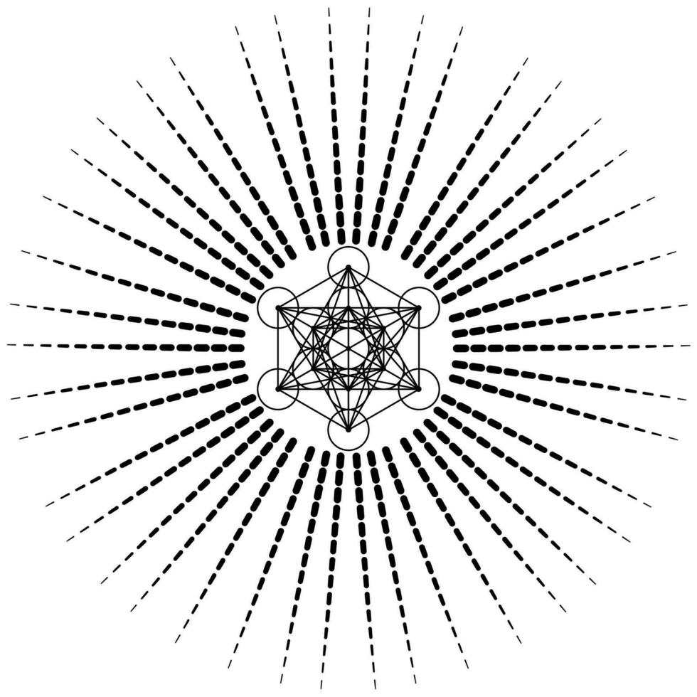 Metatron's Cube,  Flower of Life. Sacred geometry on radiant sun, graphic element Vector isolated Illustration. Mystic icon platonic solids, abstract geometric drawing, typical crop circles