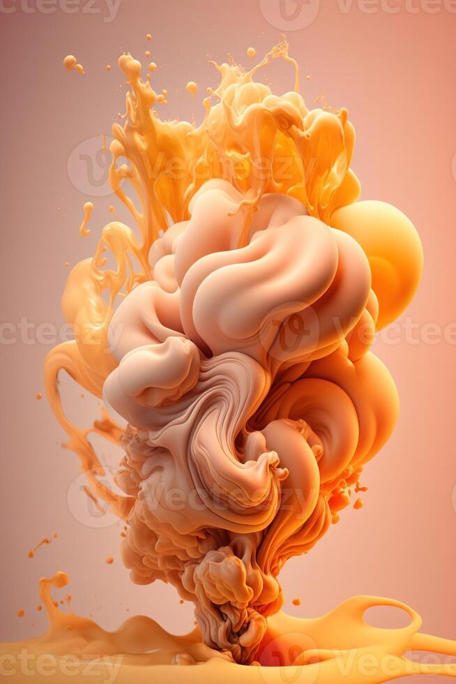 , Flowing light apricot crush smoke with splashes. Soft fluid banner, spring female mood, 3D effect, modern macro realistic abstract vertical background, ink in water effect.. photo