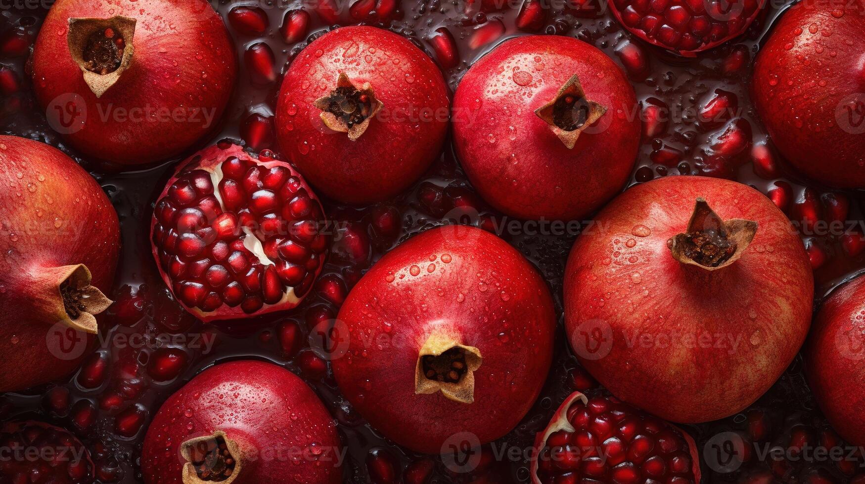 , Macro Fresh Juicy half and whole of pomegranate fruit background as pattern. Closeup photo with drops of water