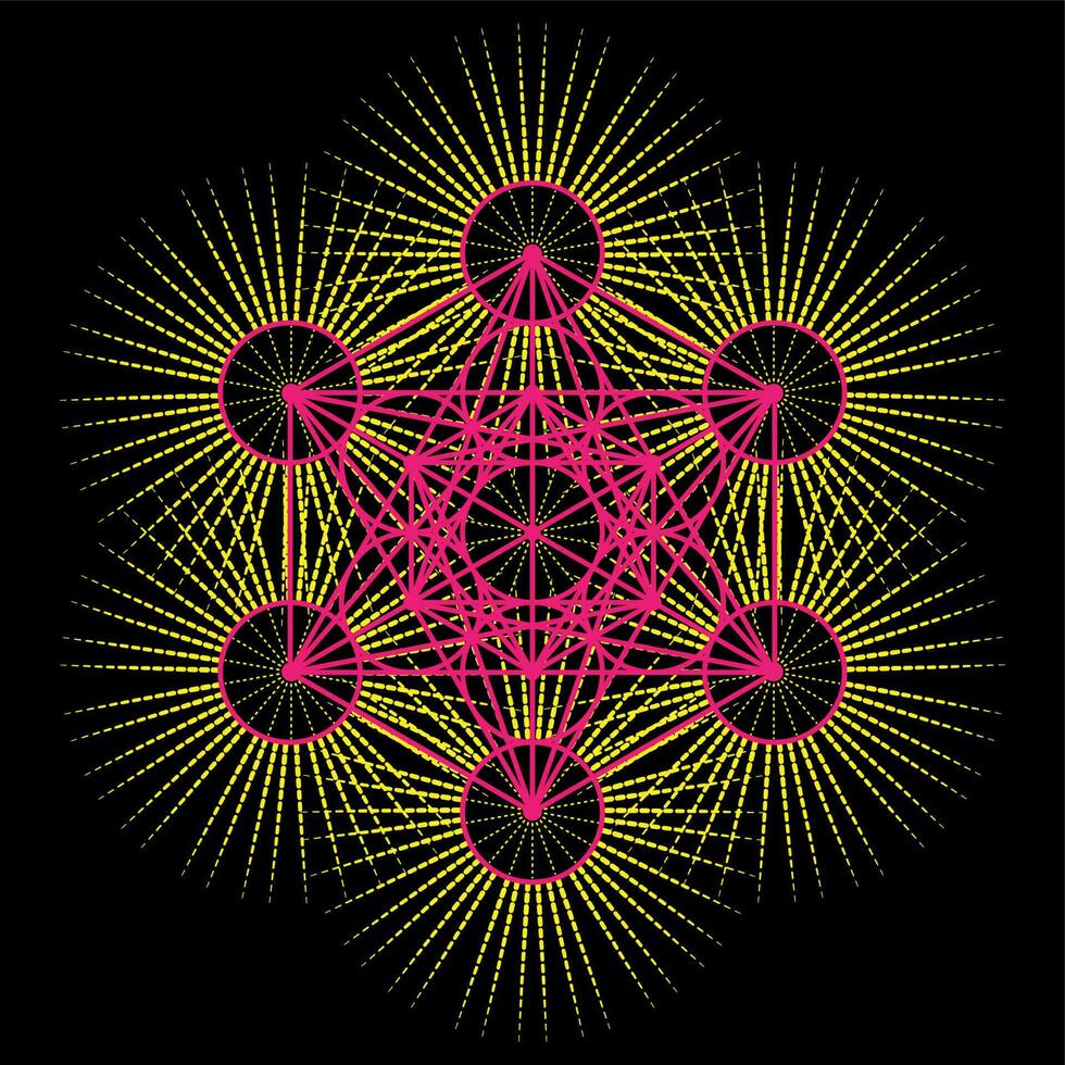 Metatron's Cube, colorful Flower of Life. Sacred geometry on radiant sun, graphic element Vector isolated Illustration. Mystic icon platonic solids, abstract geometric drawing, typical crop circles