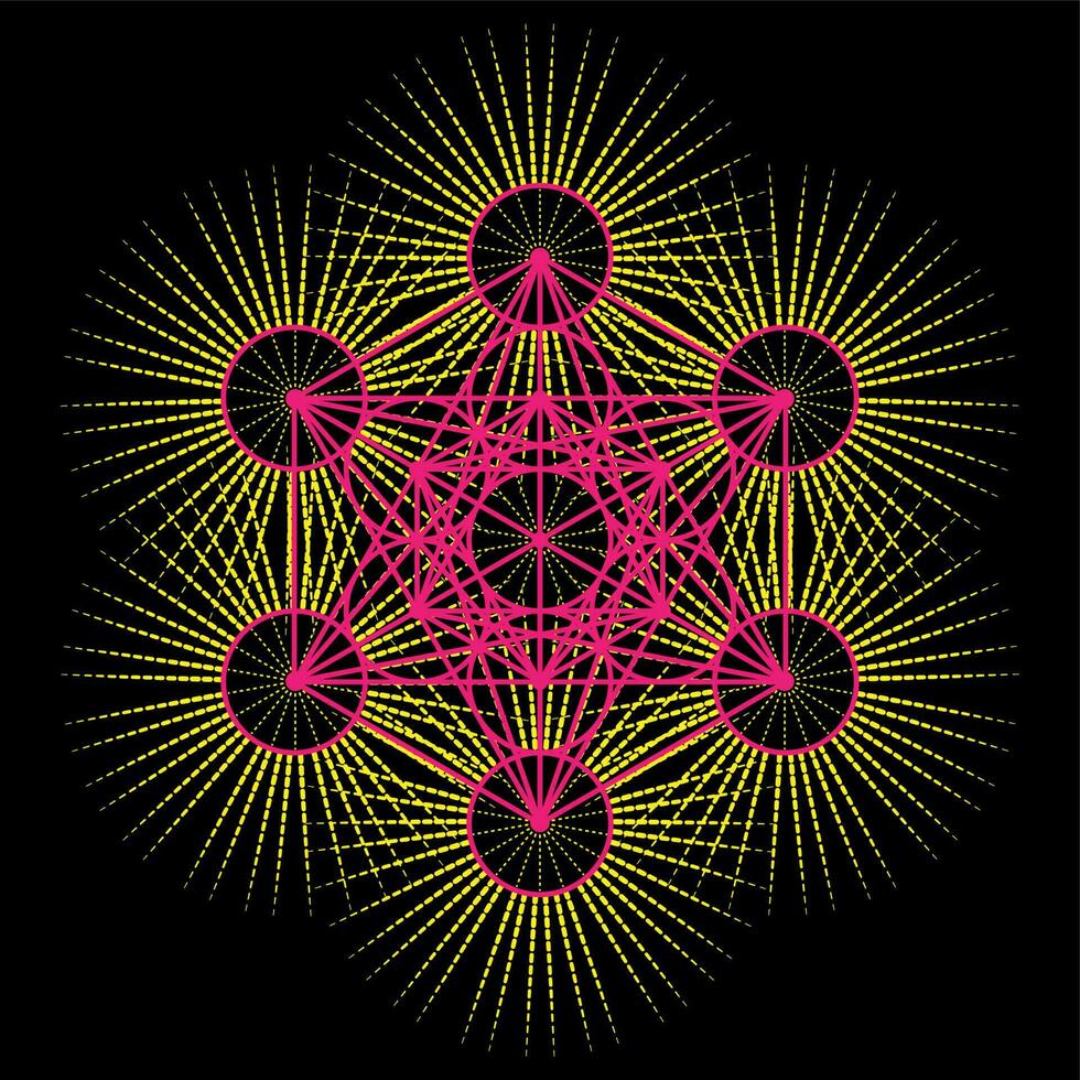 Metatron's Cube, colorful Flower of Life. Sacred geometry on radiant sun, graphic element Vector isolated Illustration. Mystic icon platonic solids, abstract geometric drawing, typical crop circles