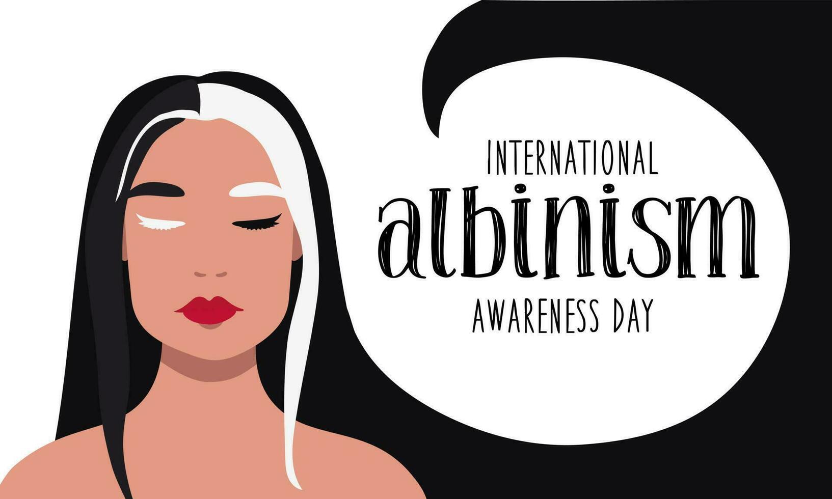 June 13 is the International Albinism Awareness Day. A woman with partial albinism with straight hair. Call for solidarity with people suffering from albinism. Stylized black and white vector graphics