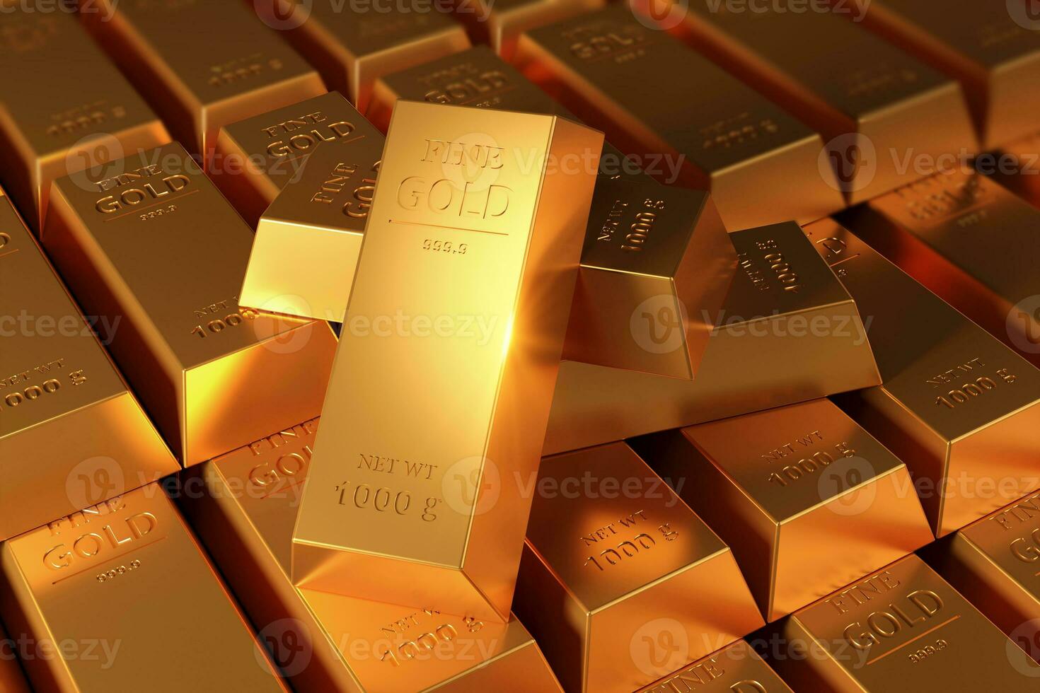 Gold Bullion, Fine Gold bars, gold treasury. Concept of banking, business, investment and exchange rates, Gold market. 3D rendering photo