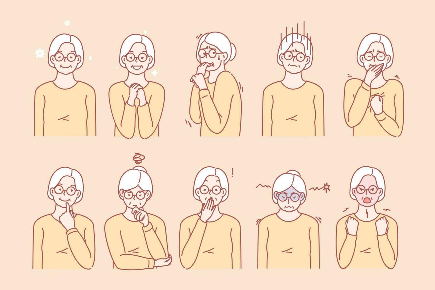 Old age womans emotions and facial expressions vector