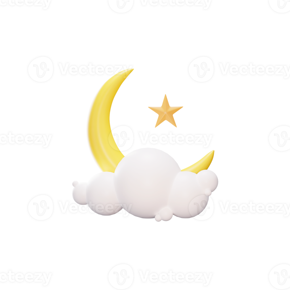 3D Illustration Of Crescent Moon With Star And Cloud Icon Over Black Background. png