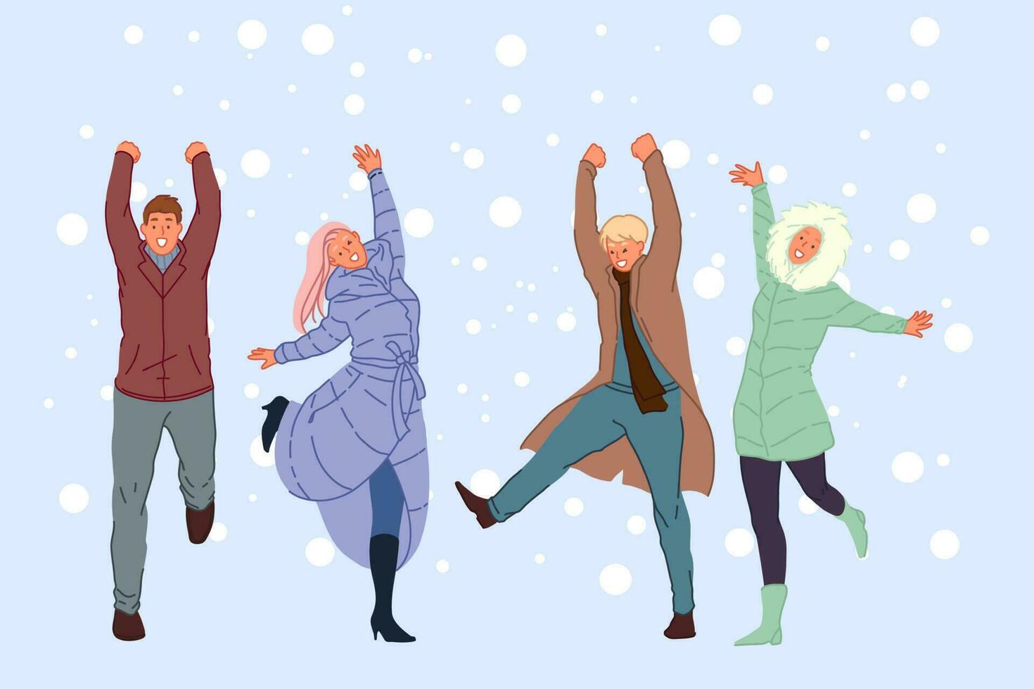 Outside walk with friends, winter entertainment, snowy weather recreation concept vector