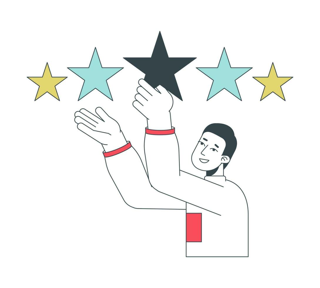 Positive reviews flat line concept vector spot illustration. Customer giving five stars 2D cartoon outline character on white for web UI design. Service quality editable isolated colorful hero image