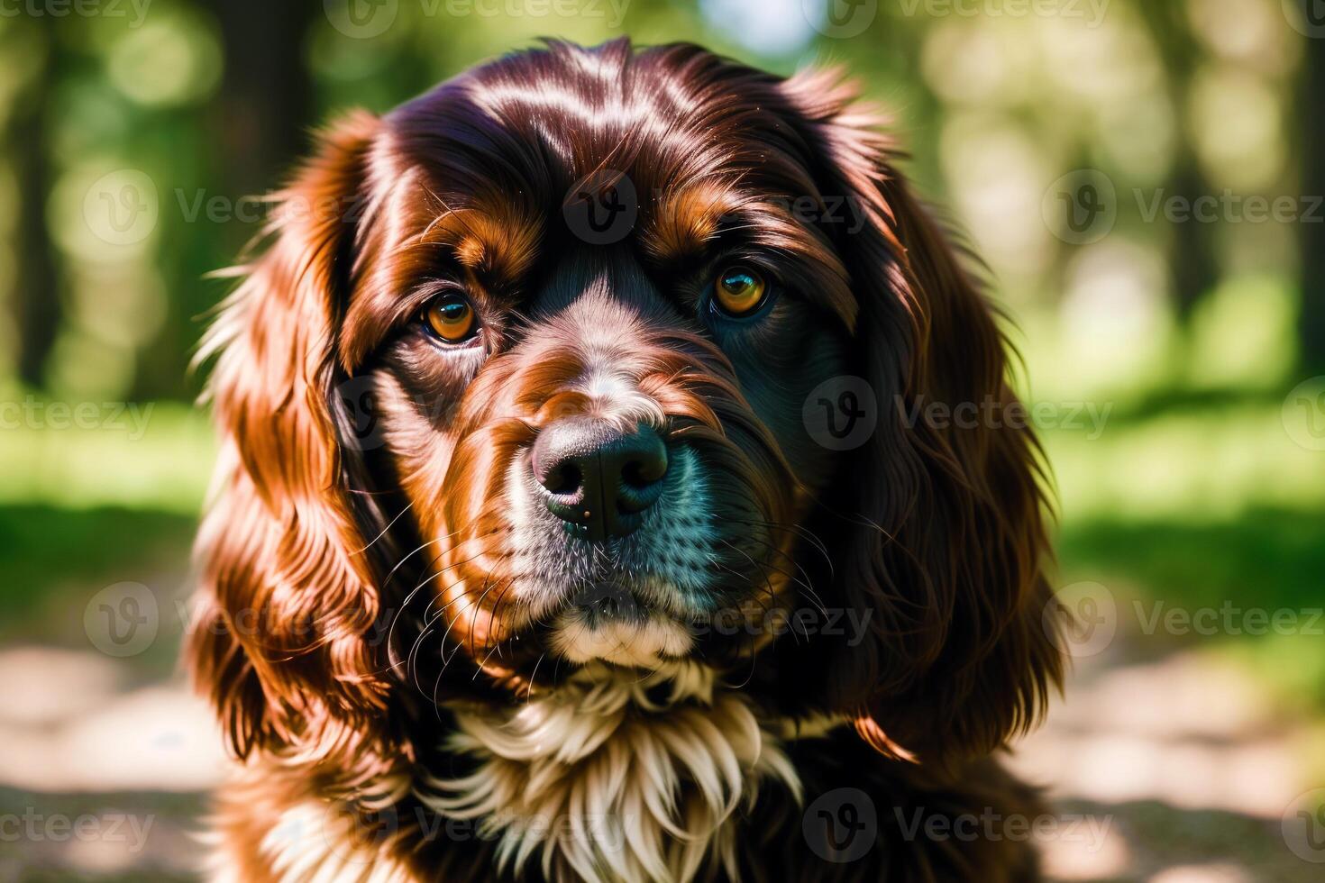 Portrait of a beautiful dog breed American Cocker Spaniel. A beautiful Cavalier King Charles Spaniel dog in the park. photo