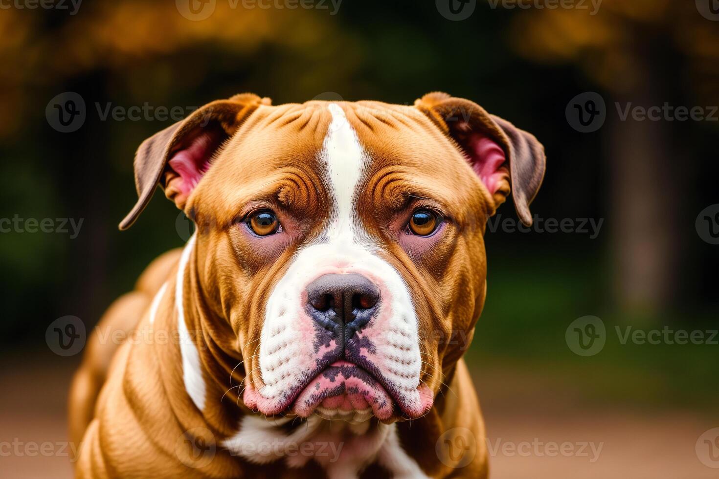 retrato de un hermosa perro raza americano pozo toro terrier en el parque. americano pitbull generativo ai foto