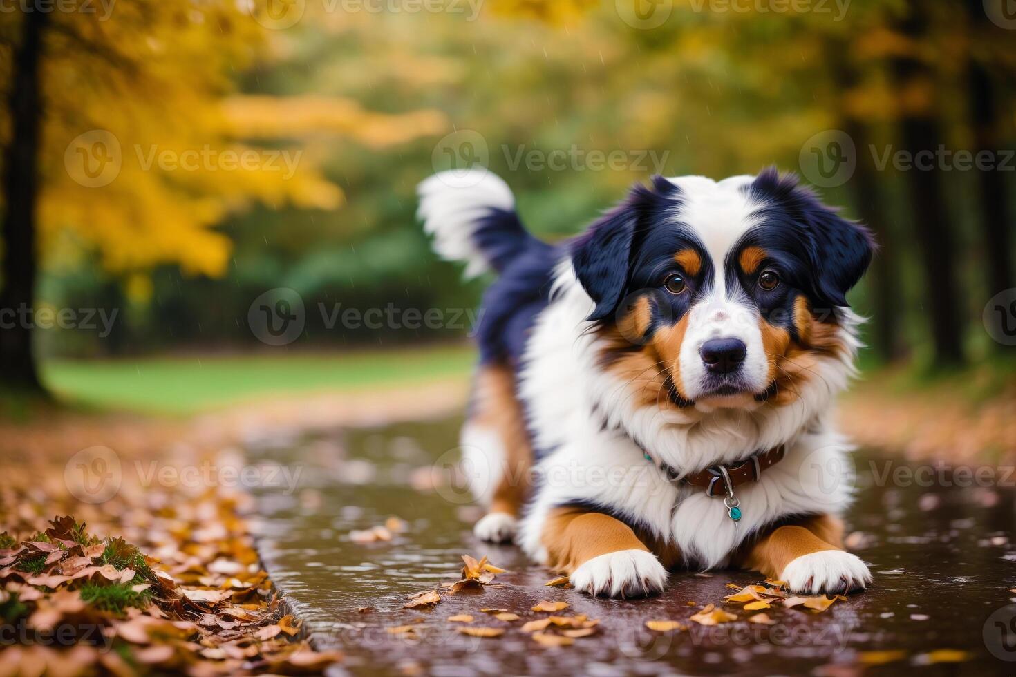 Portrait of a beautiful Australian Shepherd dog standing on the green grass in the park. photo