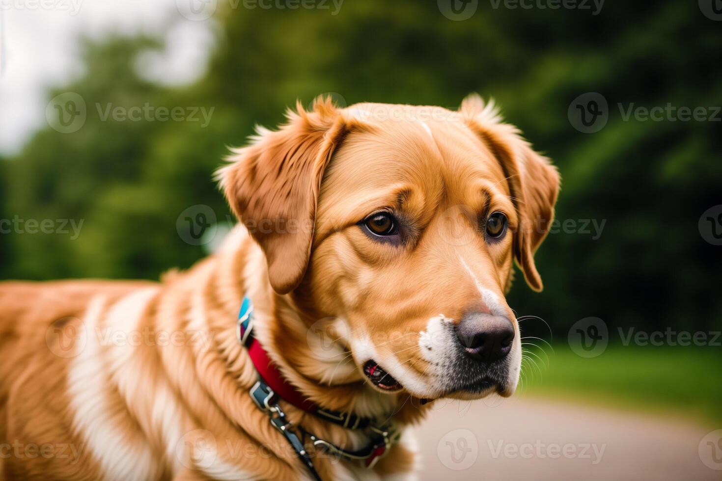 Portrait of a cute mixed breed dog lying on the grass in the park. photo