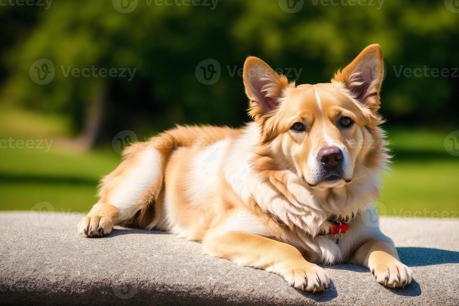 Portrait of a cute mixed breed dog lying on the grass in the park. photo