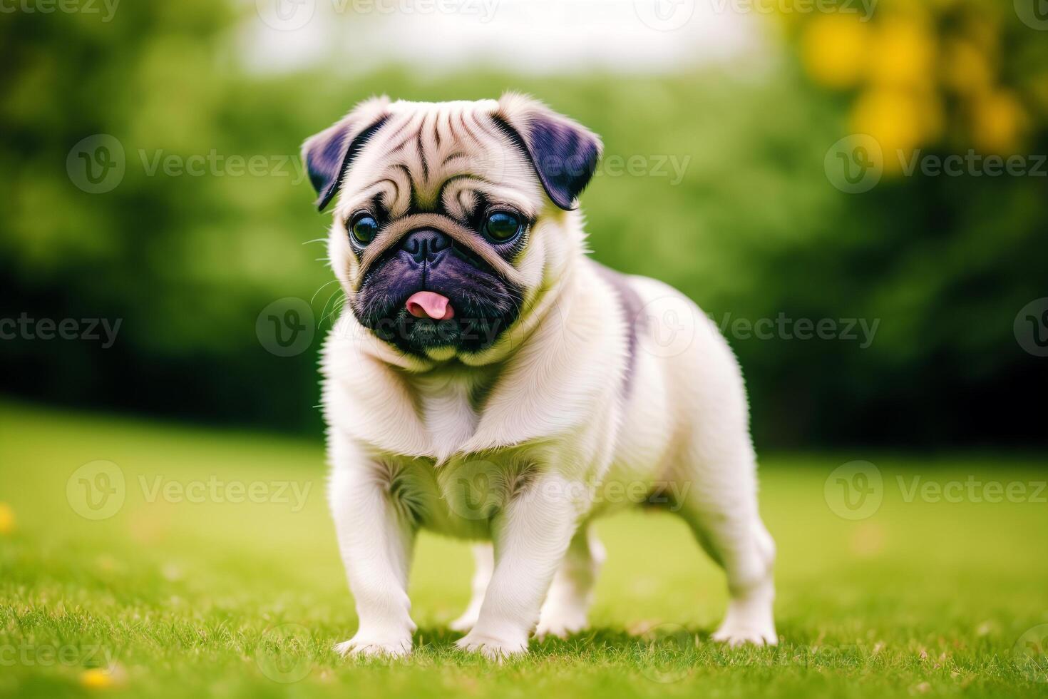 Cute purebred Pug dog. Portrait of a beautiful Pug dog playing in the park. photo