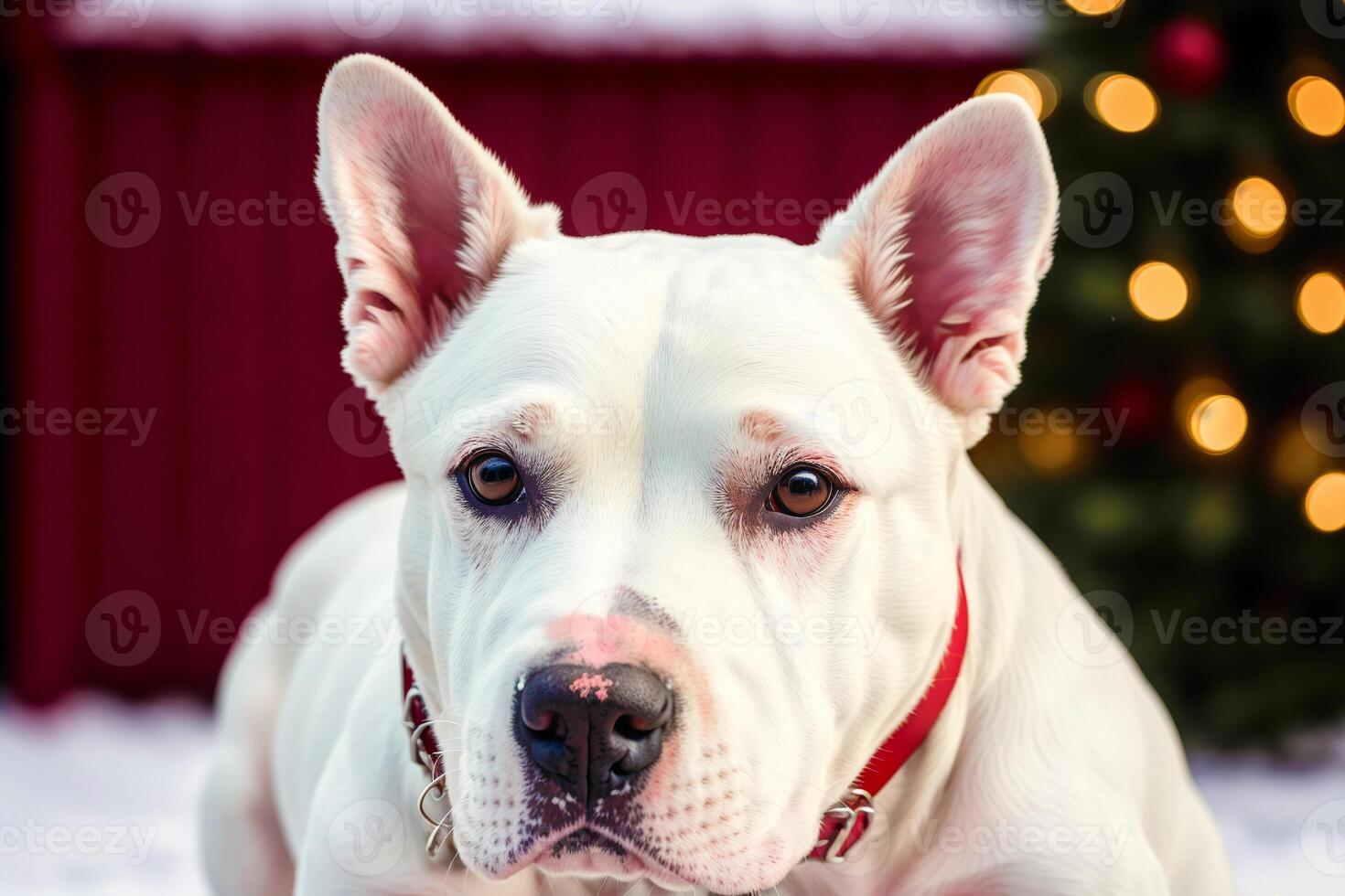 Portrait of a white bull terrier dog standing in the park. photo