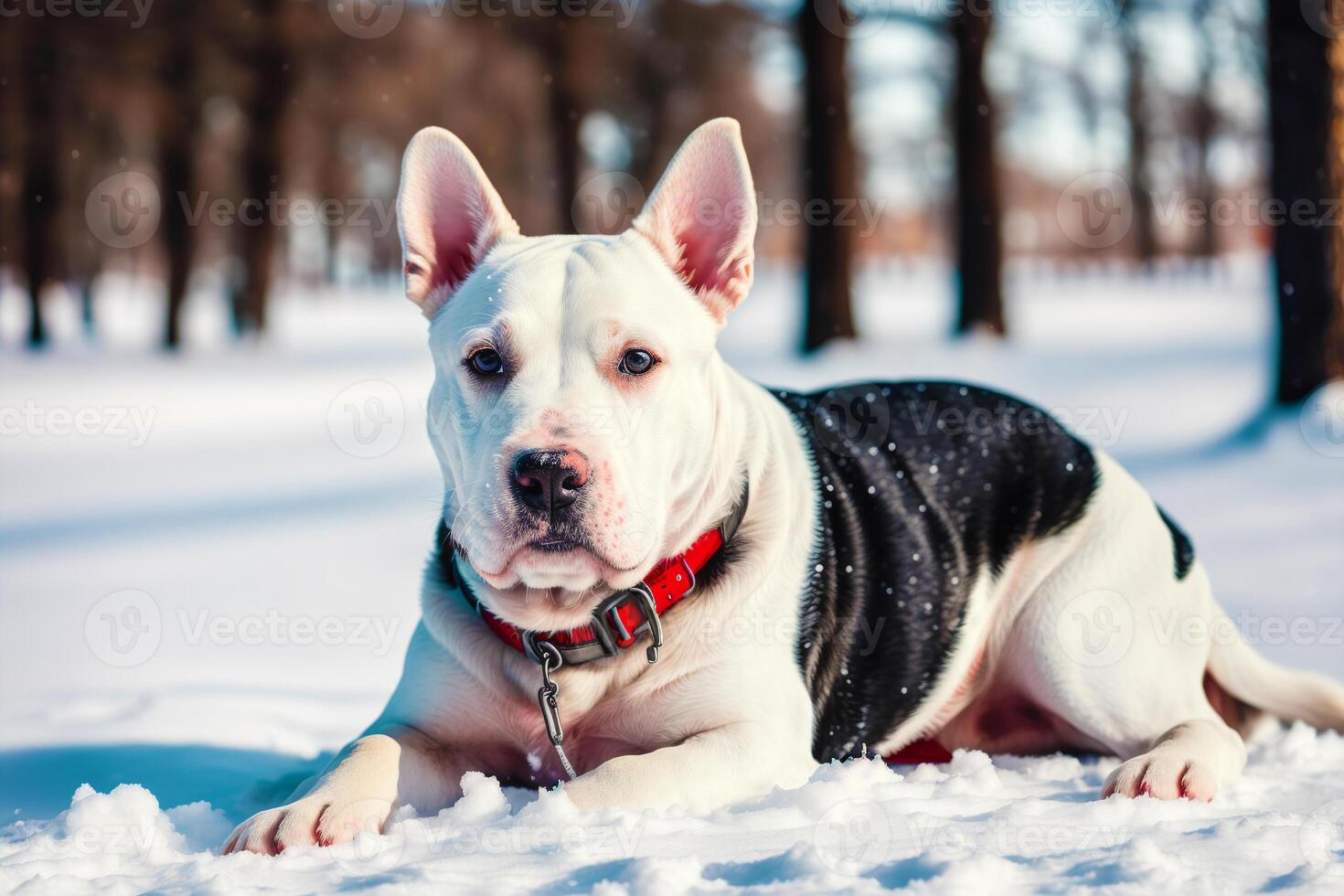 Portrait of a white bull terrier dog standing in the park. photo